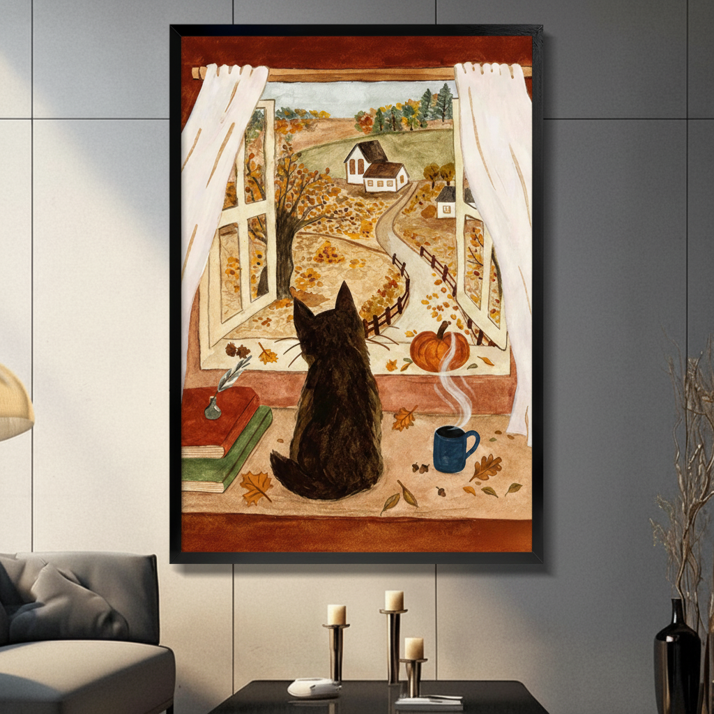 Cozy Autumn Cat Window Farmhouse Canvas Art Wall Art