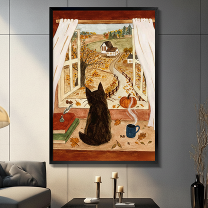 Cozy Autumn Cat Window Farmhouse Canvas Art Wall Art