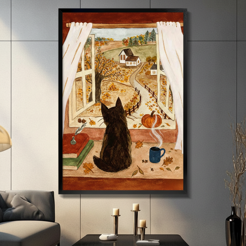 Cozy Autumn Cat Window Farmhouse Canvas Art Wall Art