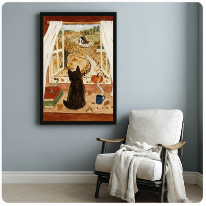Cozy Autumn Cat Window Farmhouse Canvas Art Wall Art