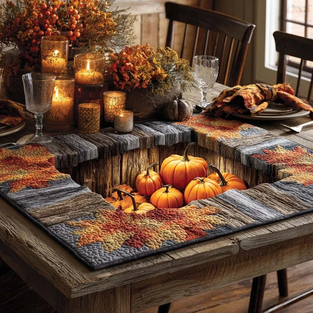 Cozy Candlelit Pumpkins Quilted Table Topper