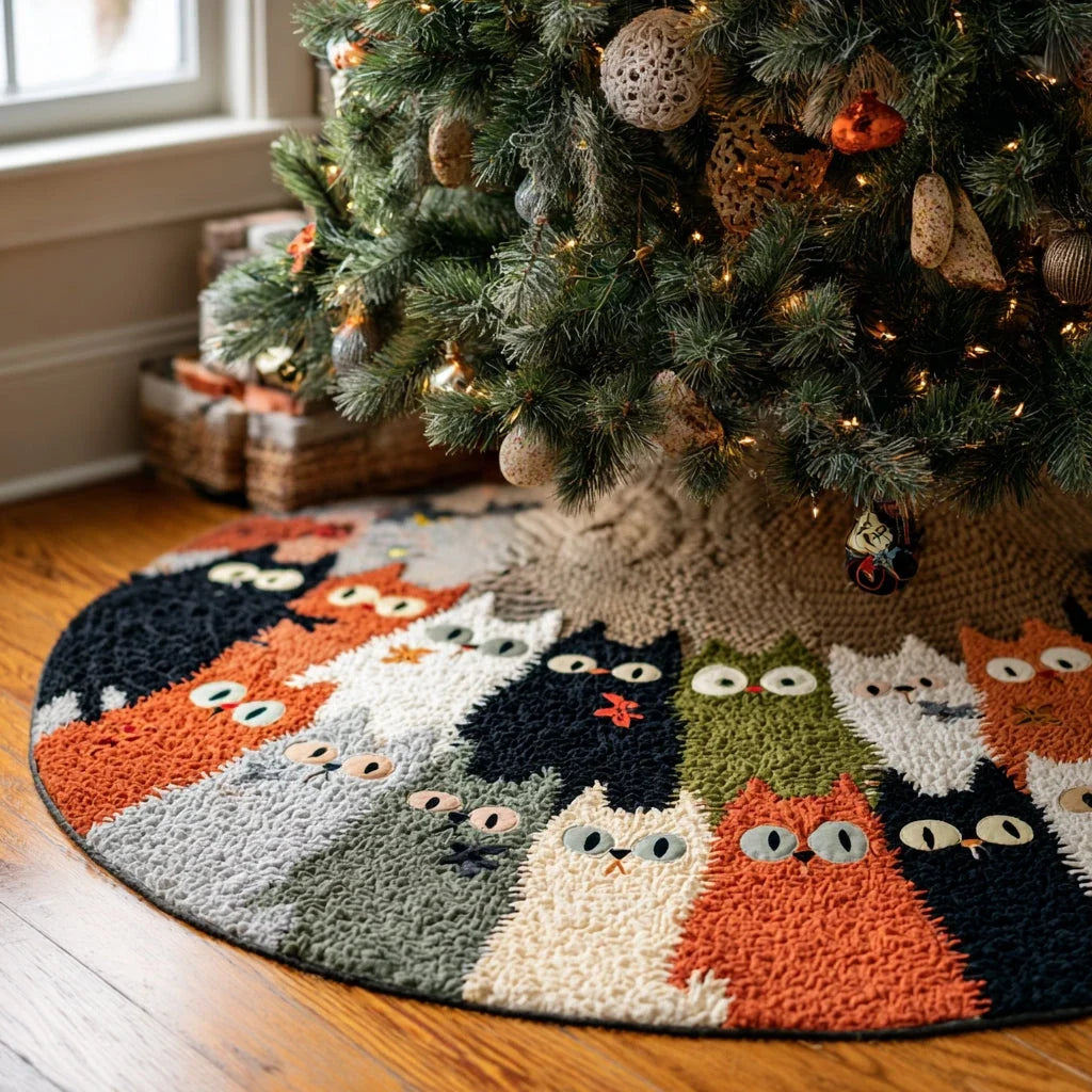 Cozy Catmas Christmas Quilted Tree Skirt
