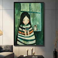Rainy Day Girl & Cat Whimsical Canvas Art Wall Art