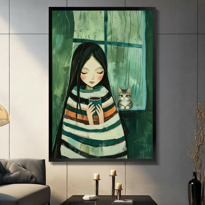 Rainy Day Girl & Cat Whimsical Canvas Art Wall Art