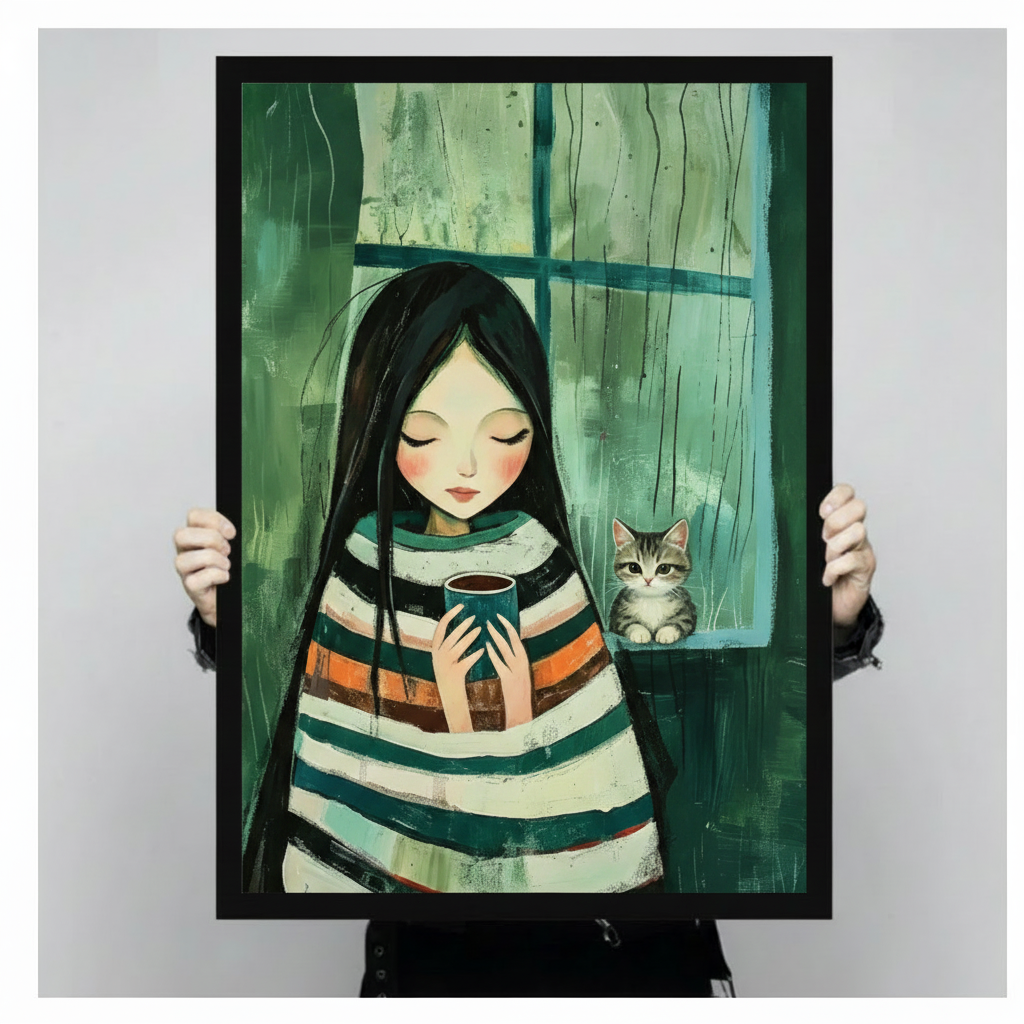 Rainy Day Girl & Cat Whimsical Canvas Art Wall Art