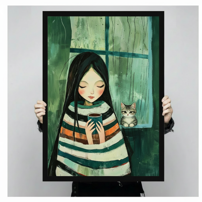 Rainy Day Girl & Cat Whimsical Canvas Art Wall Art