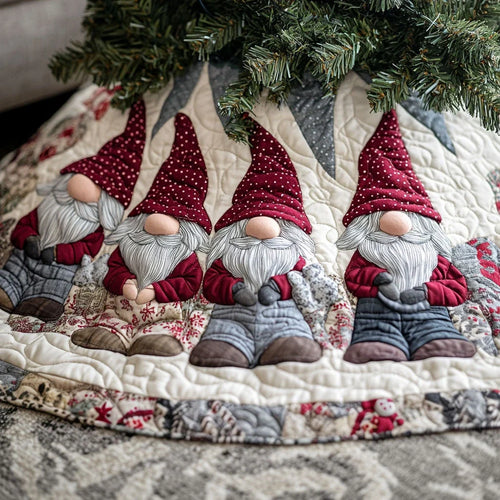 Cozy Gnome Haven Quilted Christmas Tree Skirt