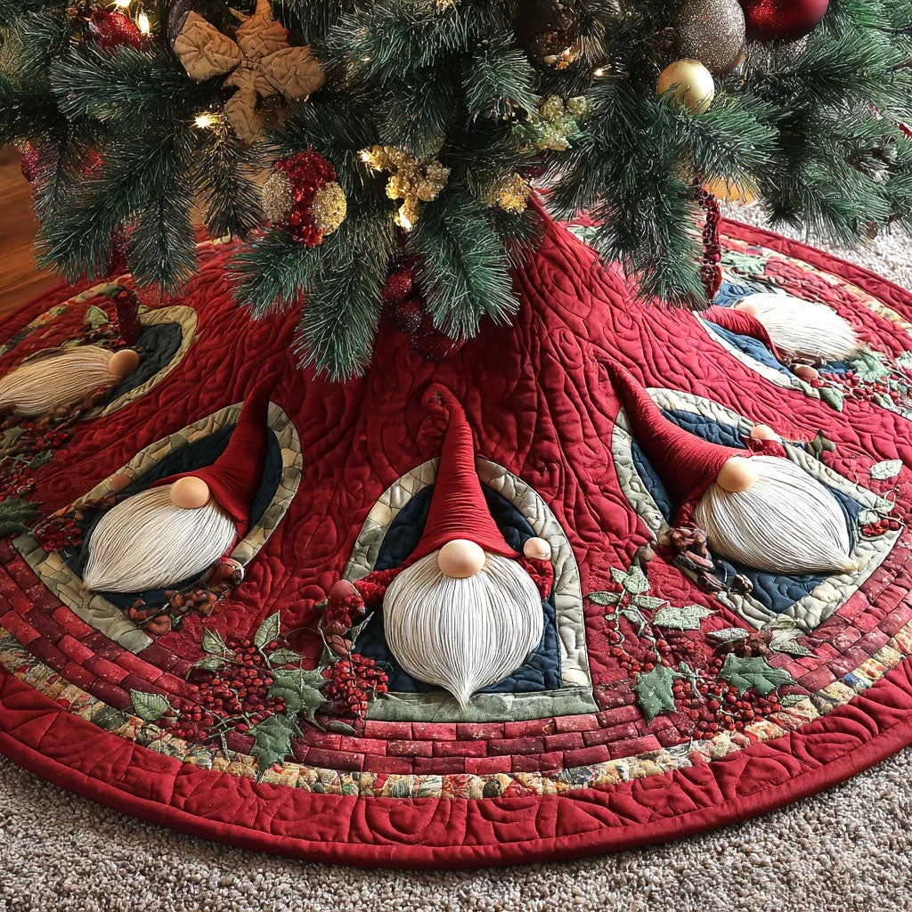Cozy Gnome Retreat Christmas Quilted Tree Skirt