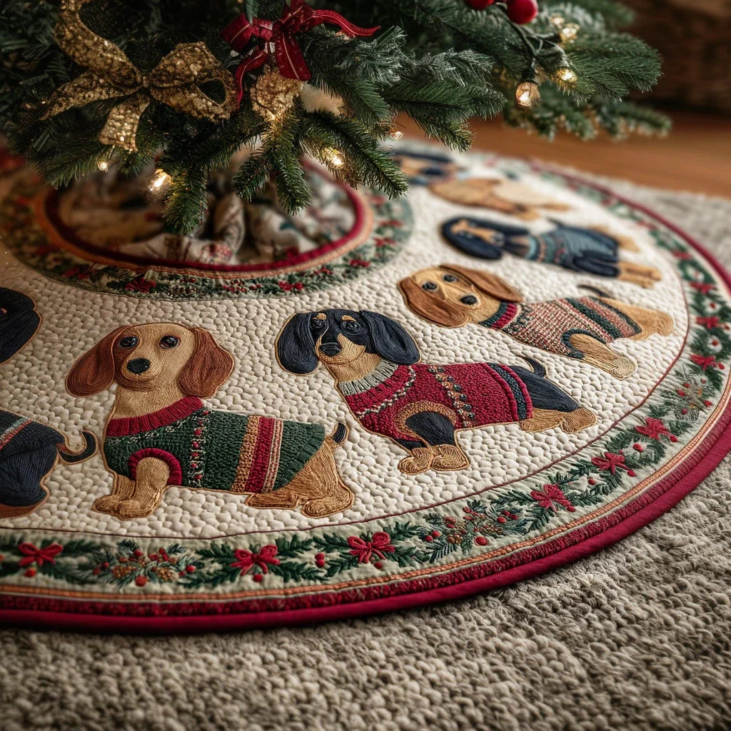 Cozy Knit Dachshund Christmas Quilted Tree Skirt