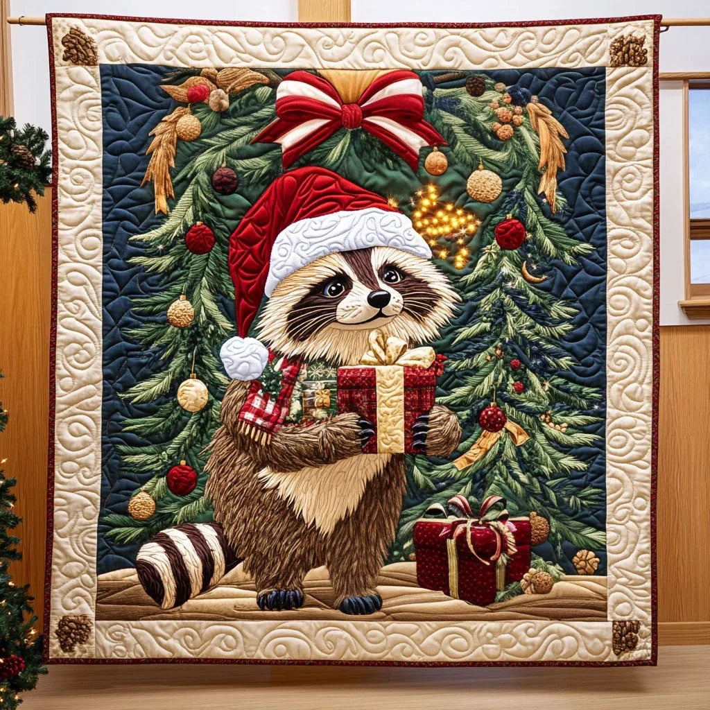 Cozy Racoon With A Festive Spirit Quilt Blanket