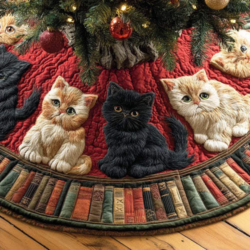 Cozy Reading Cat Christmas Quilted Tree Skirt