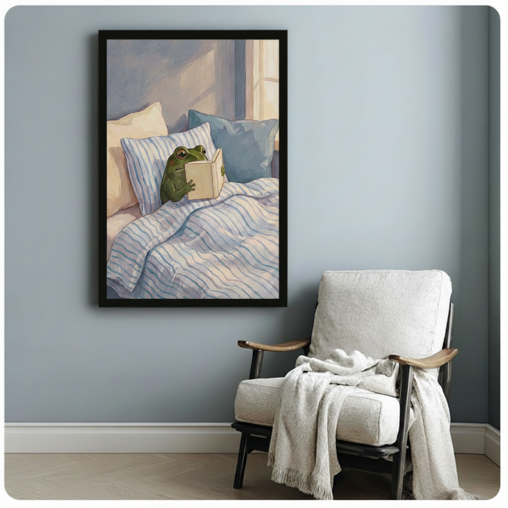 Cozy Reading Frog Blue Bedroom Canvas Art Wall Art