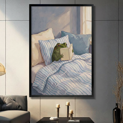Cozy Reading Frog Blue Bedroom Canvas Art Wall Art