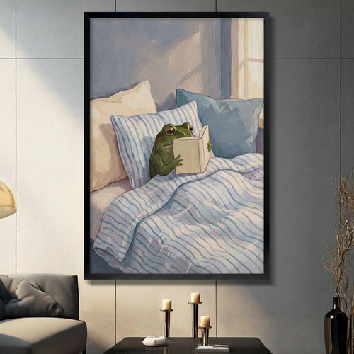 Cozy Reading Frog Blue Bedroom Canvas Art Wall Art