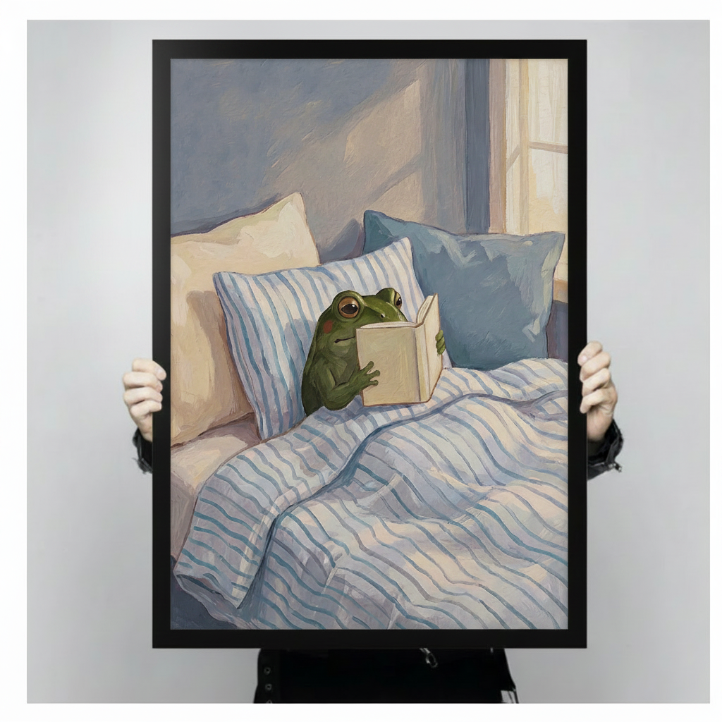 Cozy Reading Frog Blue Bedroom Canvas Art Wall Art