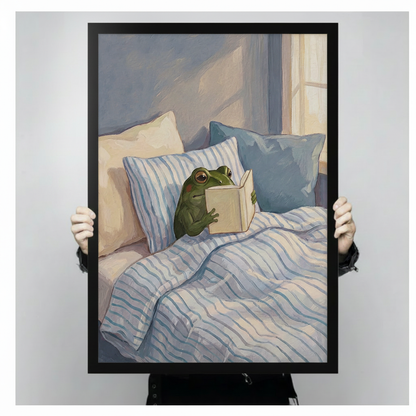 Cozy Reading Frog Blue Bedroom Canvas Art Wall Art