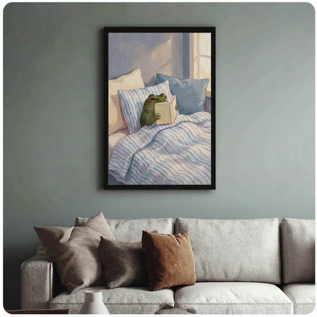 Cozy Reading Frog Blue Bedroom Canvas Art Wall Art