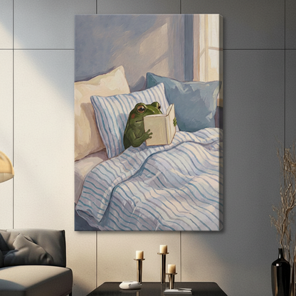 Cozy Reading Frog Blue Bedroom Canvas Art Wall Art