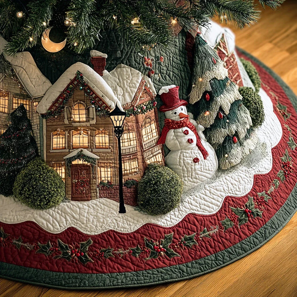 Cozy Snow Village Christmas Quilted Tree Skirt