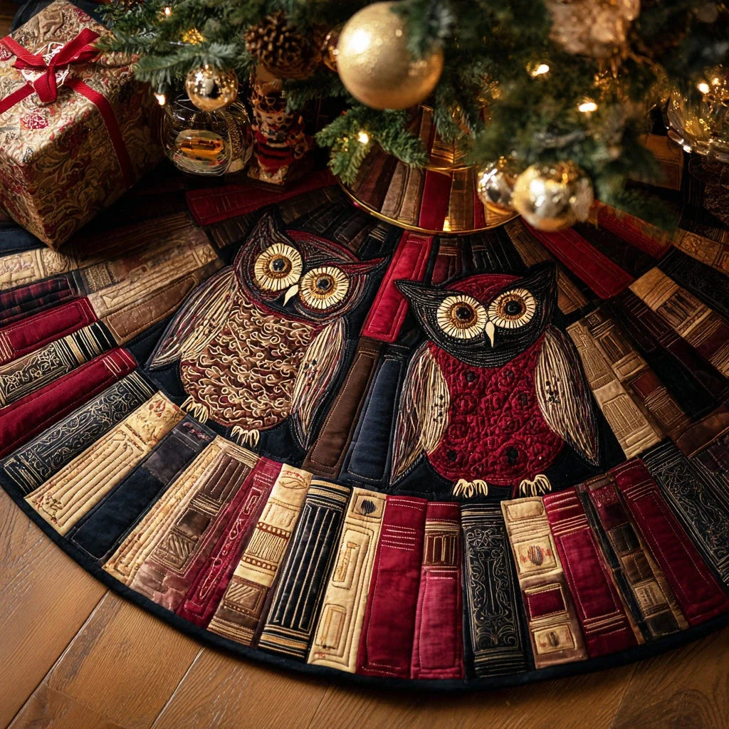 Cozy Study Owl Christmas Quilted Tree Skirt