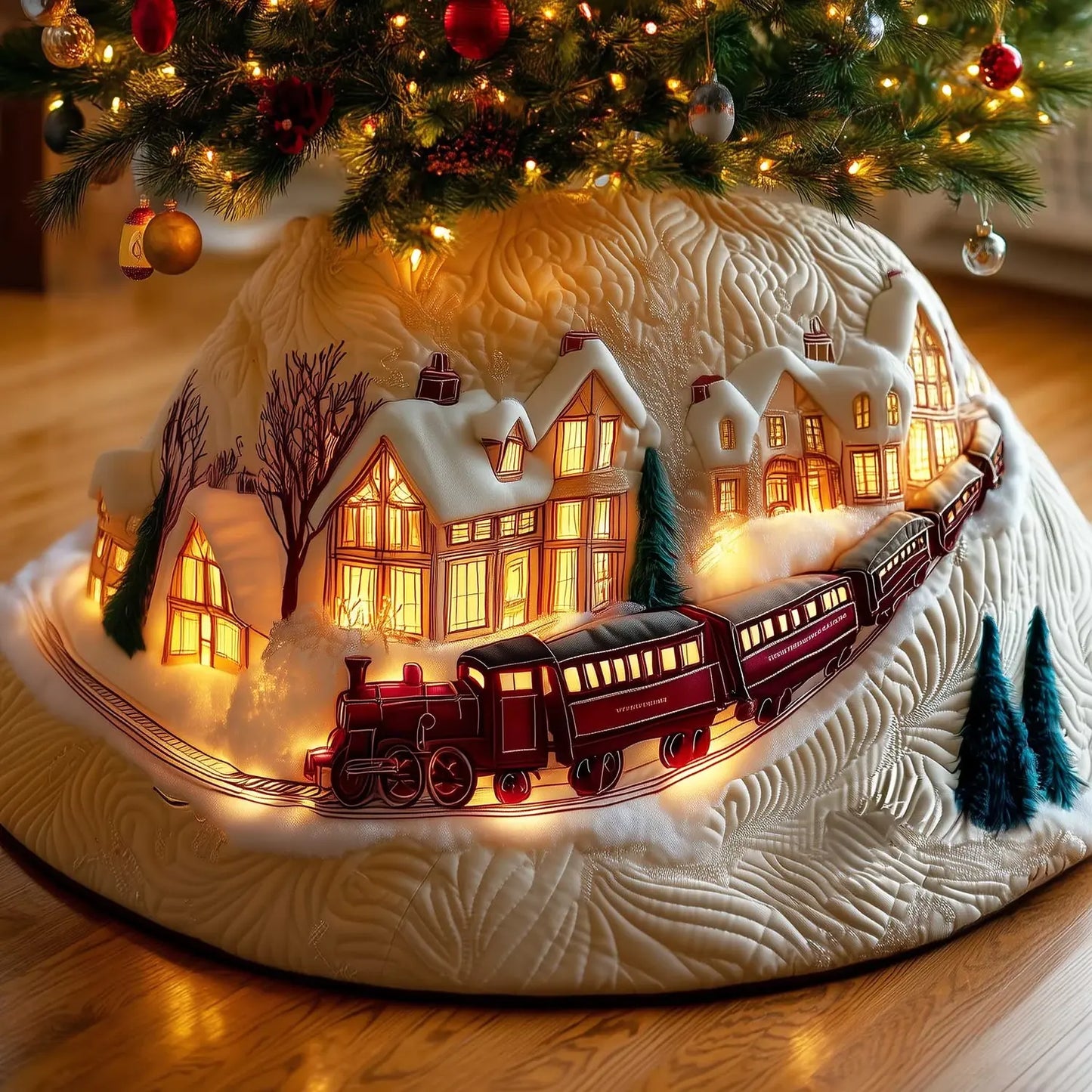 Cozy Village Christmas Train Christmas Quilted Tree Skirt