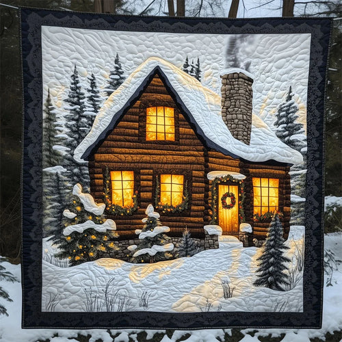 Cozy Wooden Christmas House Quilt Blanket