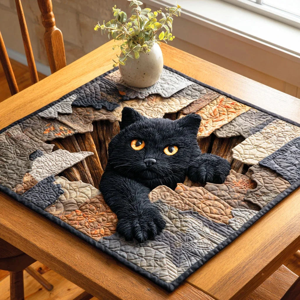 Cracked Ground Cat Quilted Table Topper