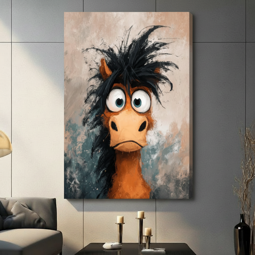 Crazy Hair Horse Cartoon Canvas Wall Art