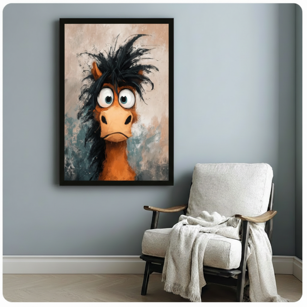 Crazy Hair Horse Cartoon Canvas Wall Art