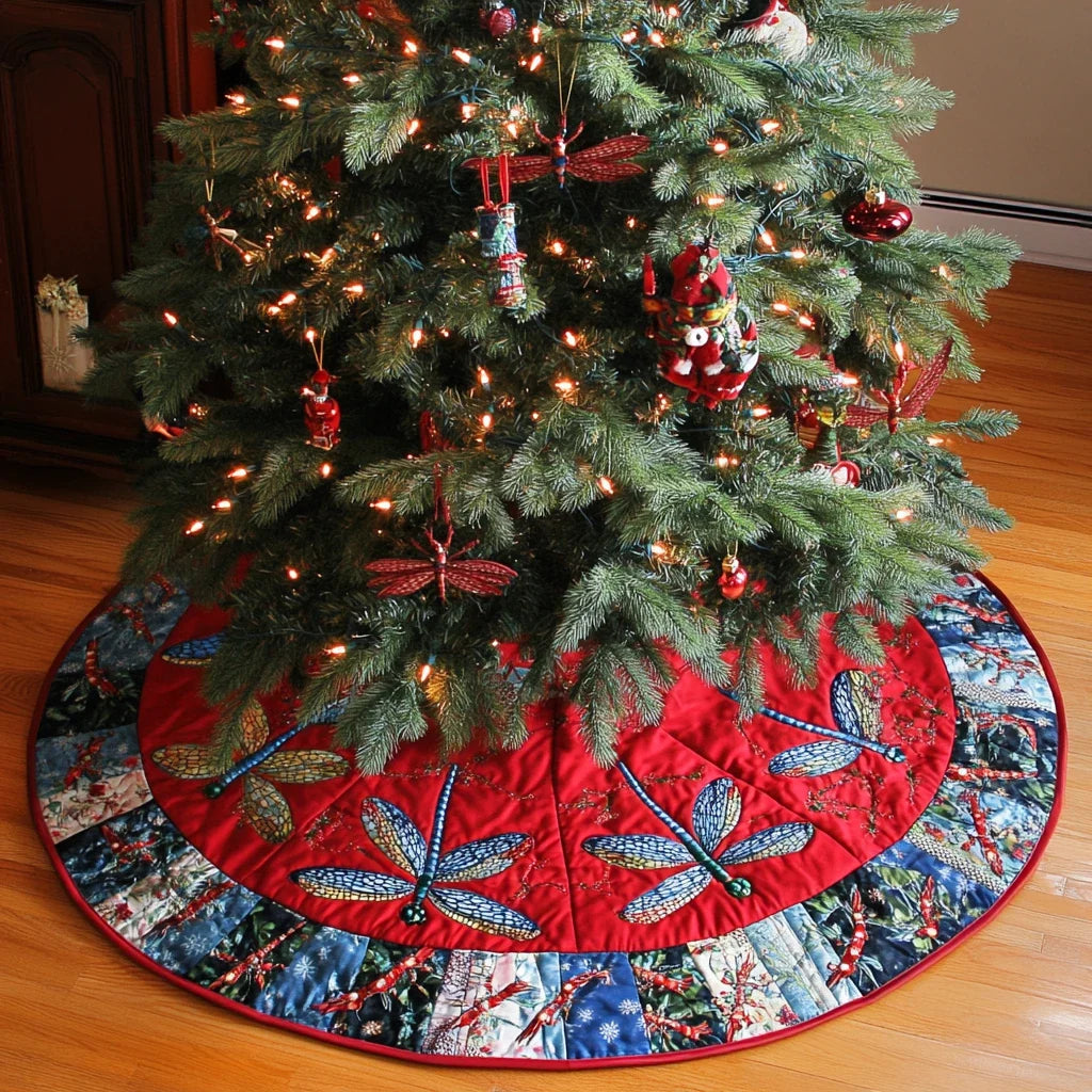 Crimson Dragonfly Christmas Quilted Tree Skirt