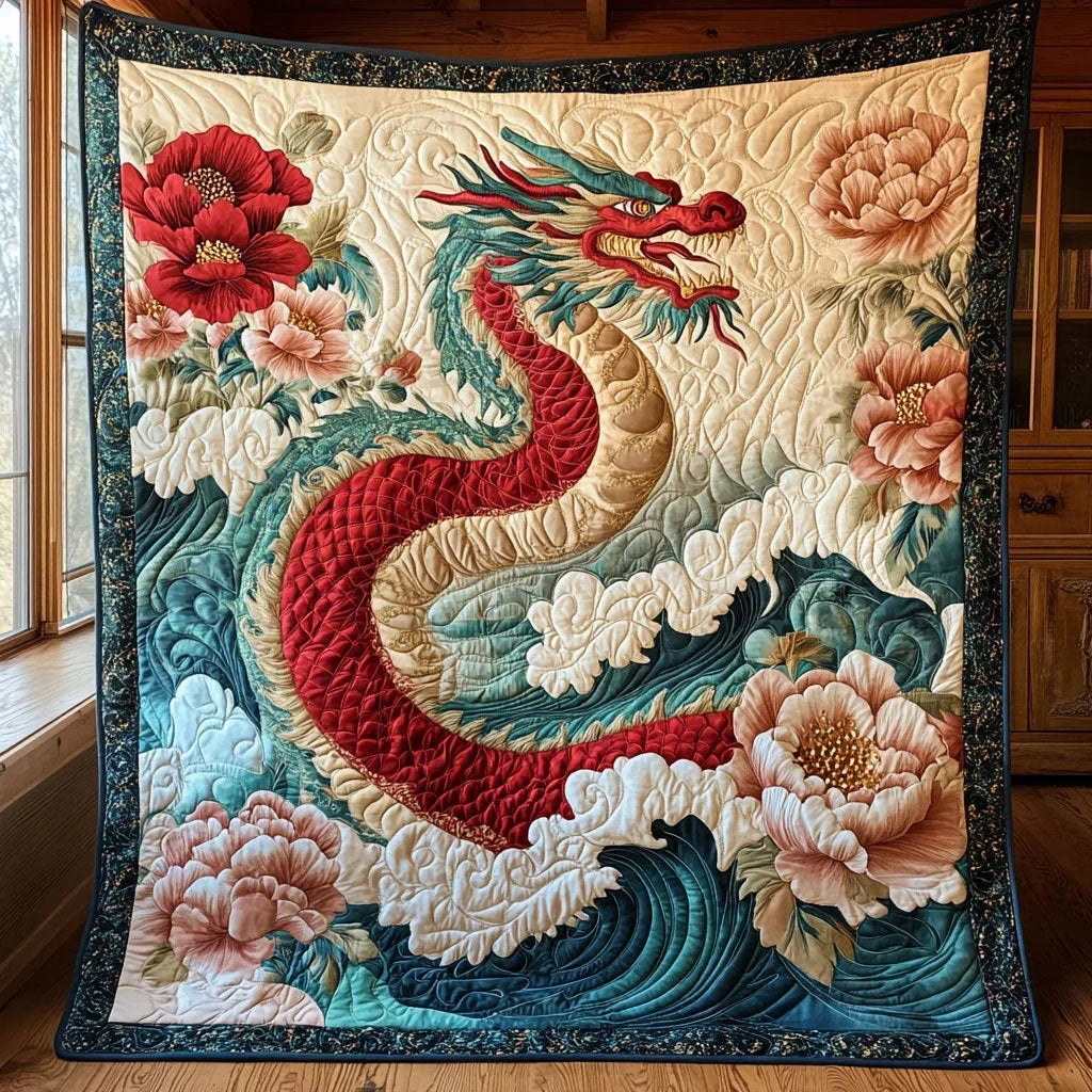 Crimson Peony Dragon Quilt Blanket