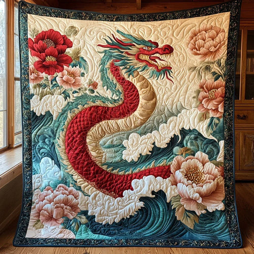 Crimson Peony Dragon Quilt Blanket