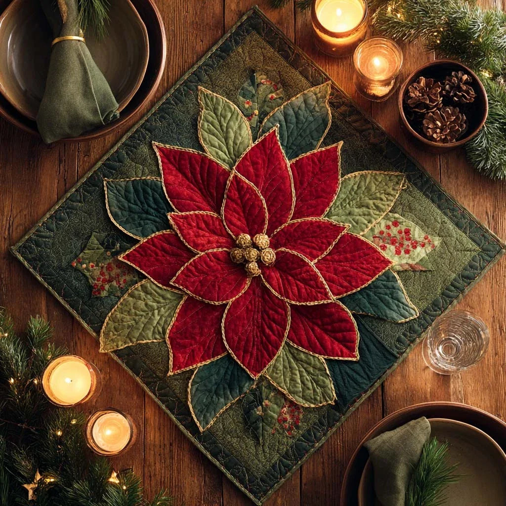 Crimson Poinsettia Quilted Table Topper