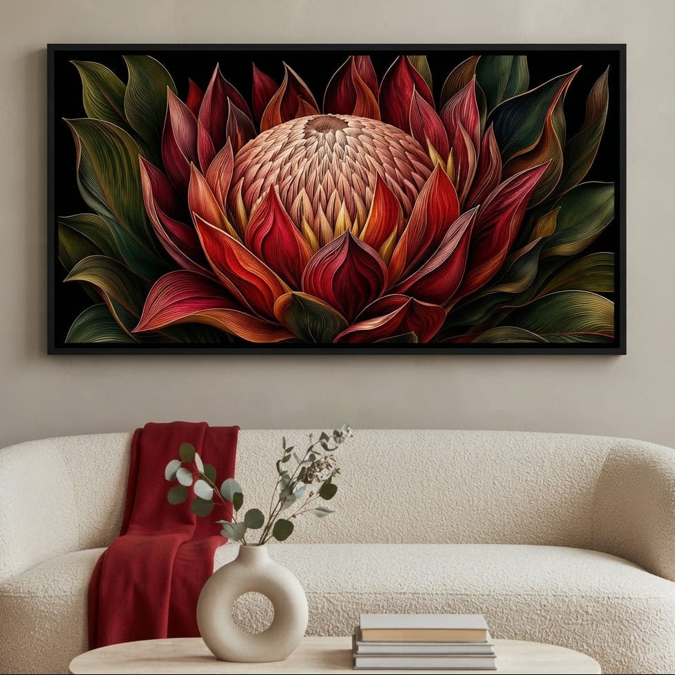 Crimson Protea Flame Crown Canvas Wall Art