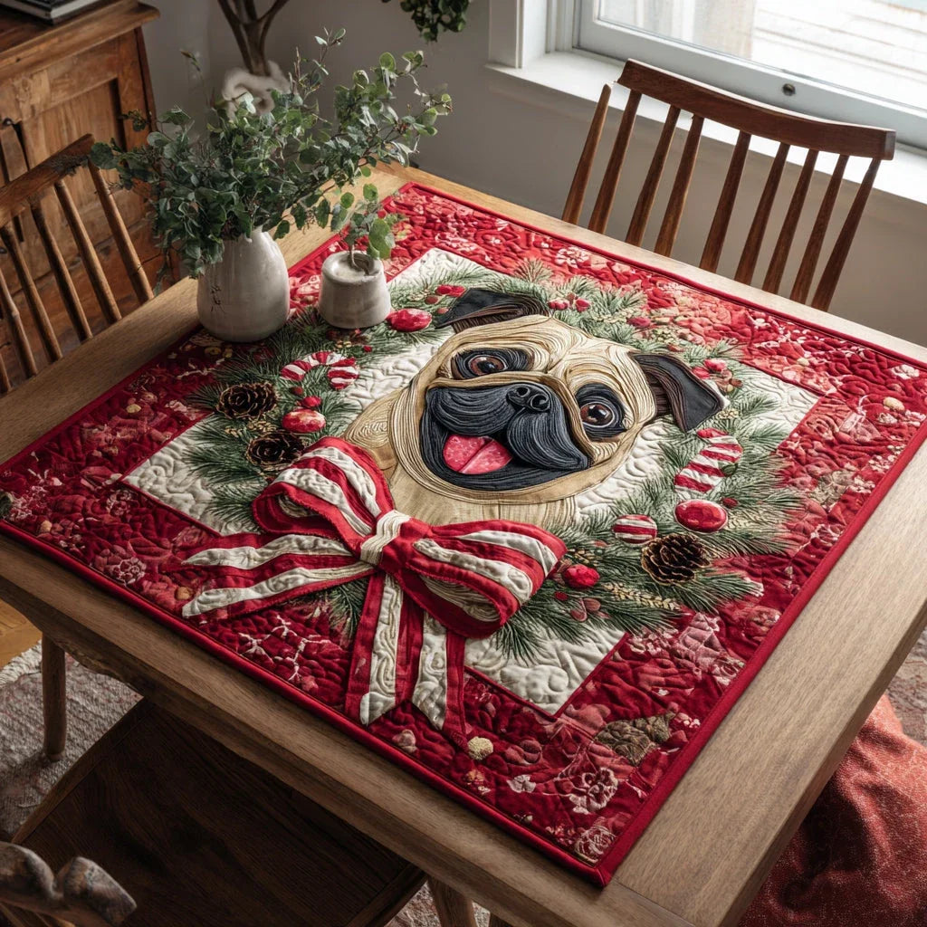 Crimson Pug Joy Quilted Table Topper