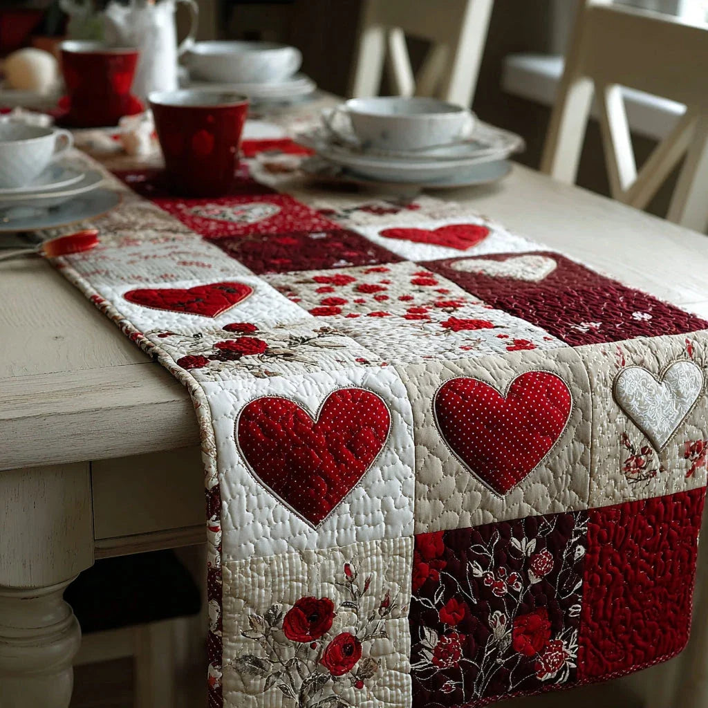 Crimson Rose Hearts Quilted Table Runner