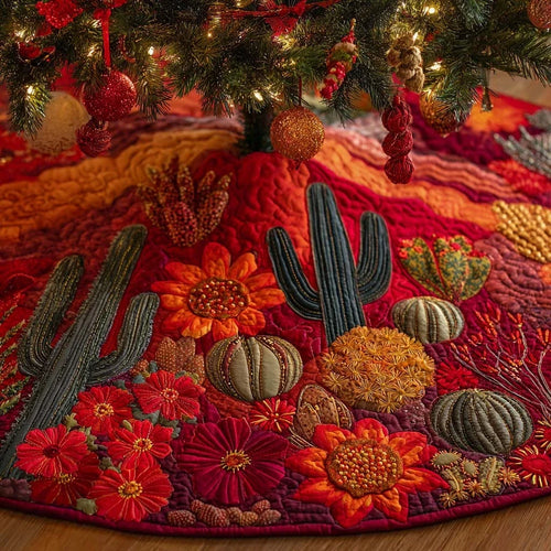 Crimson Sunset Cactus Quilted Tree Skirt