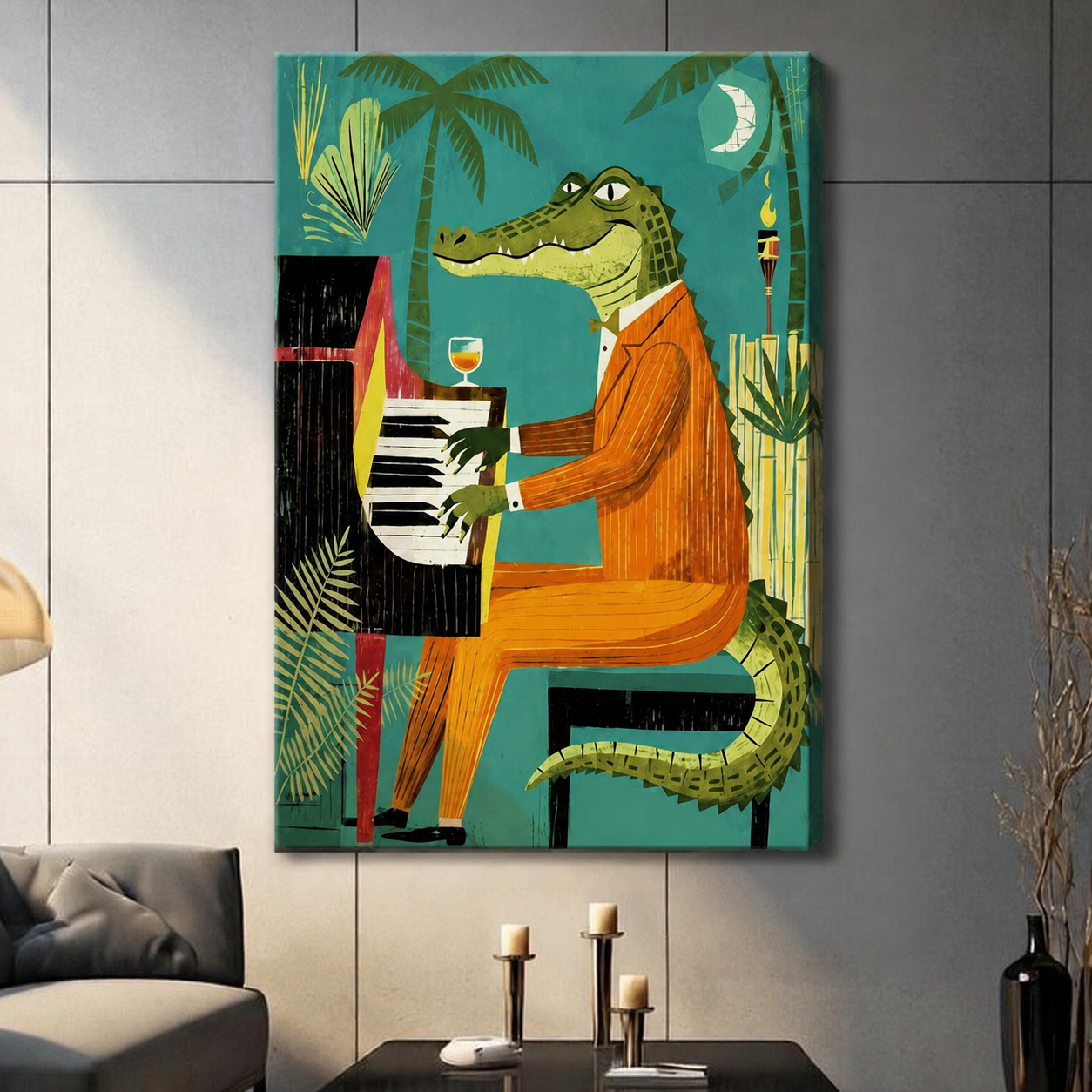Retro Crocodile Piano Tropical Canvas Wall Art