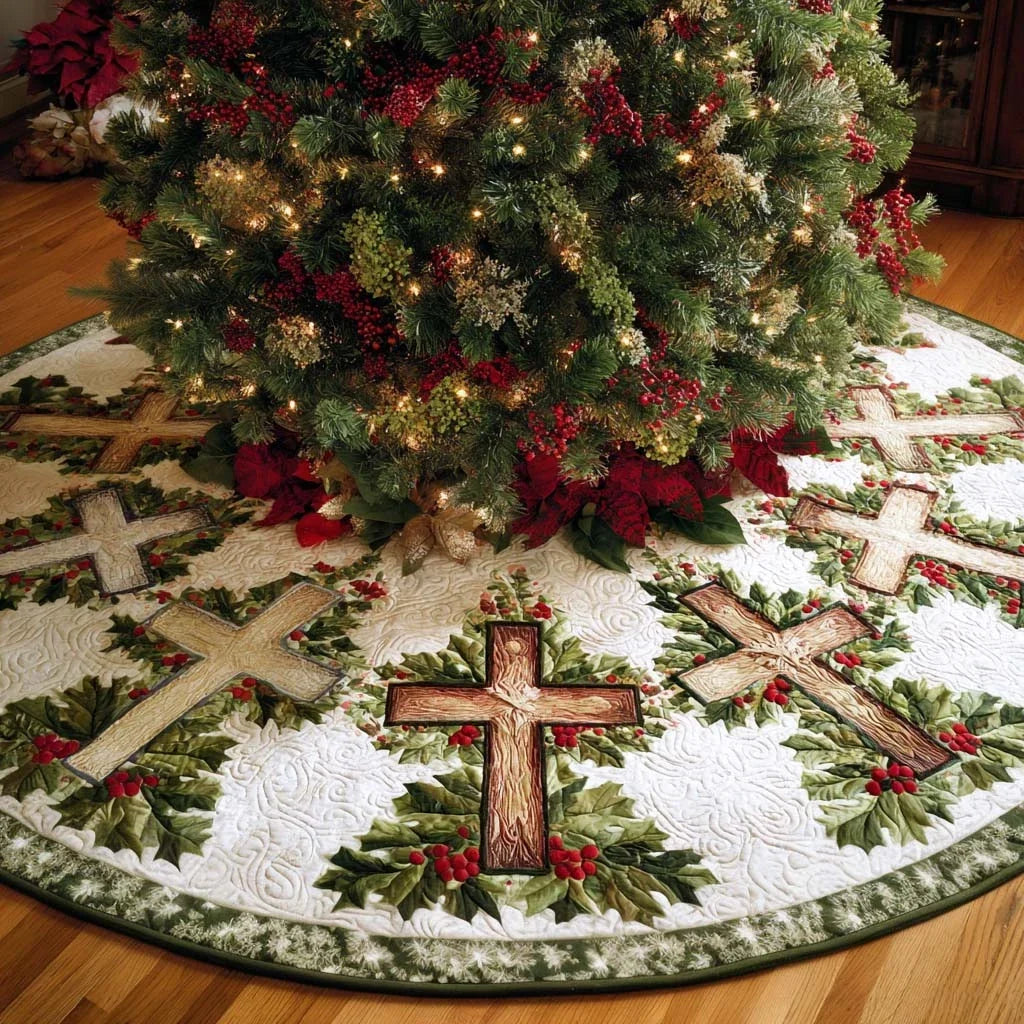 Cross of Joy Christmas Quilted Tree Skirt