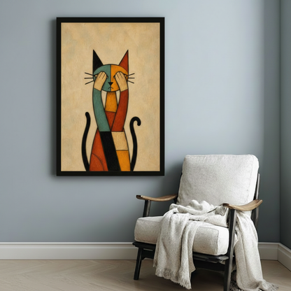Cubist Abstract Cat Framed Canvas Wall Art