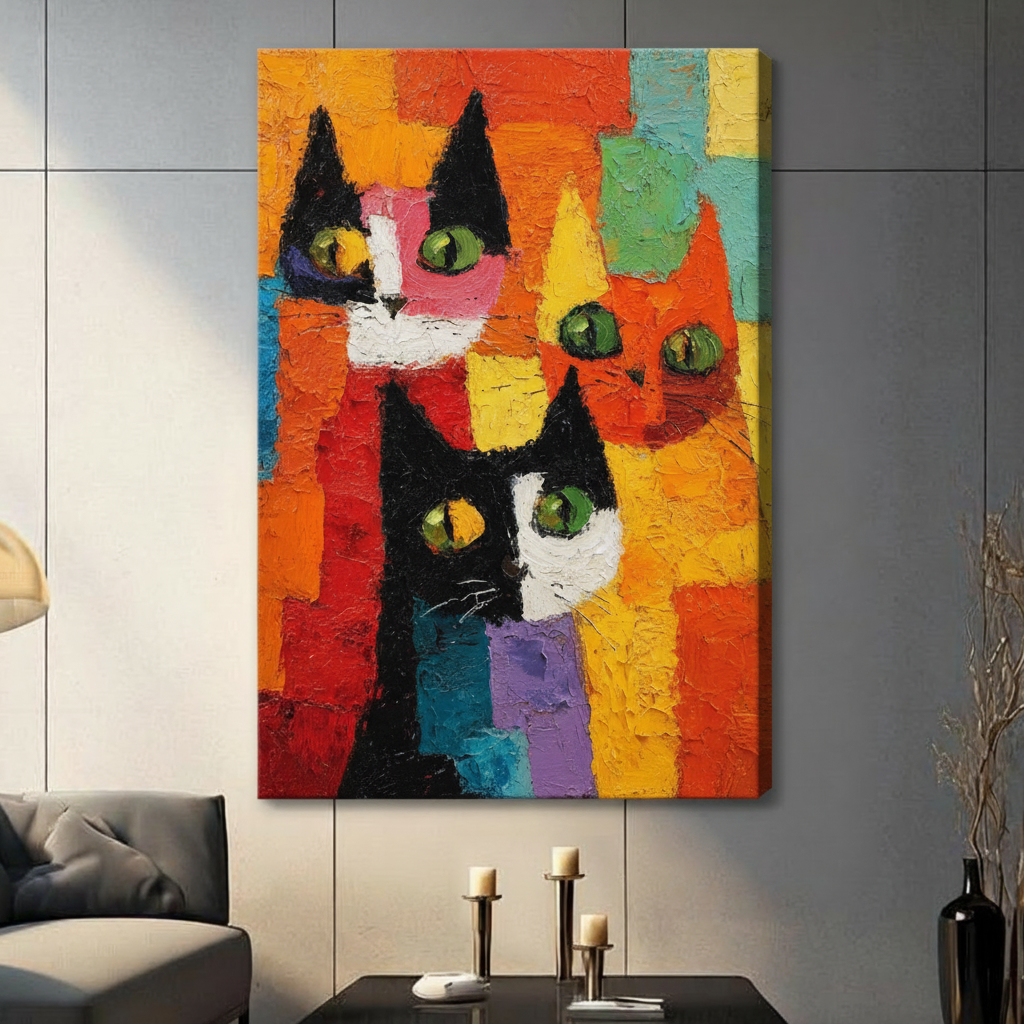 Colorful Abstract Cats Cubist Canvas Wall Art