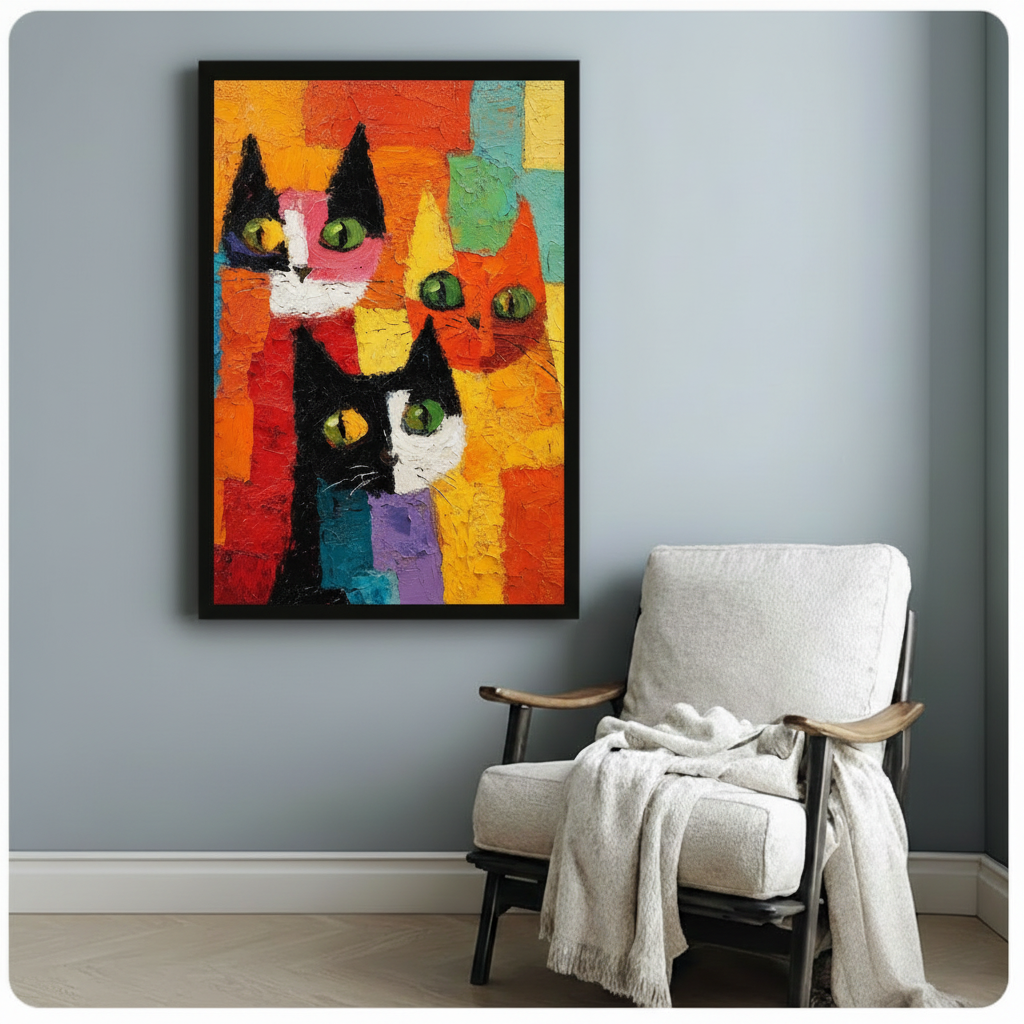 Colorful Abstract Cats Cubist Canvas Wall Art