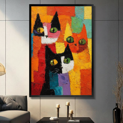 Colorful Abstract Cats Cubist Canvas Wall Art