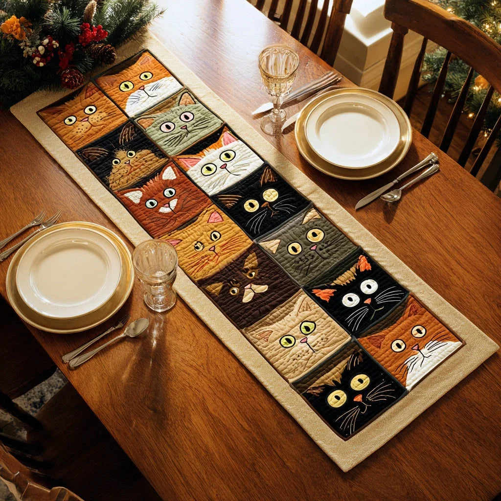 Curious Cat Blocks Quilted Table Runner