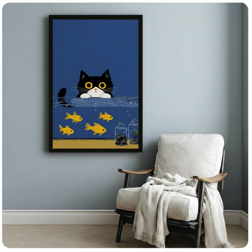 Tuxedo Cat Goldfish Tank Funny Canvas Wall Art
