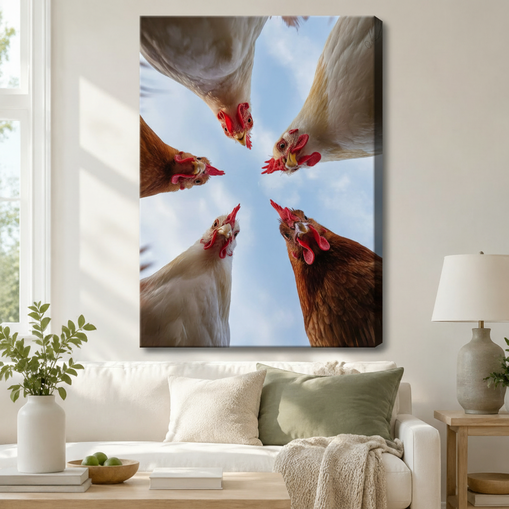 Funny Chickens Worm's Eye View Canvas Wall Art