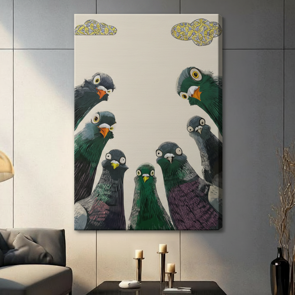 Curious Pigeons Flock Funny Canvas Wall Art