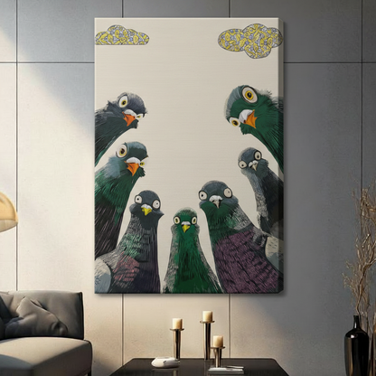 Curious Pigeons Flock Funny Canvas Wall Art