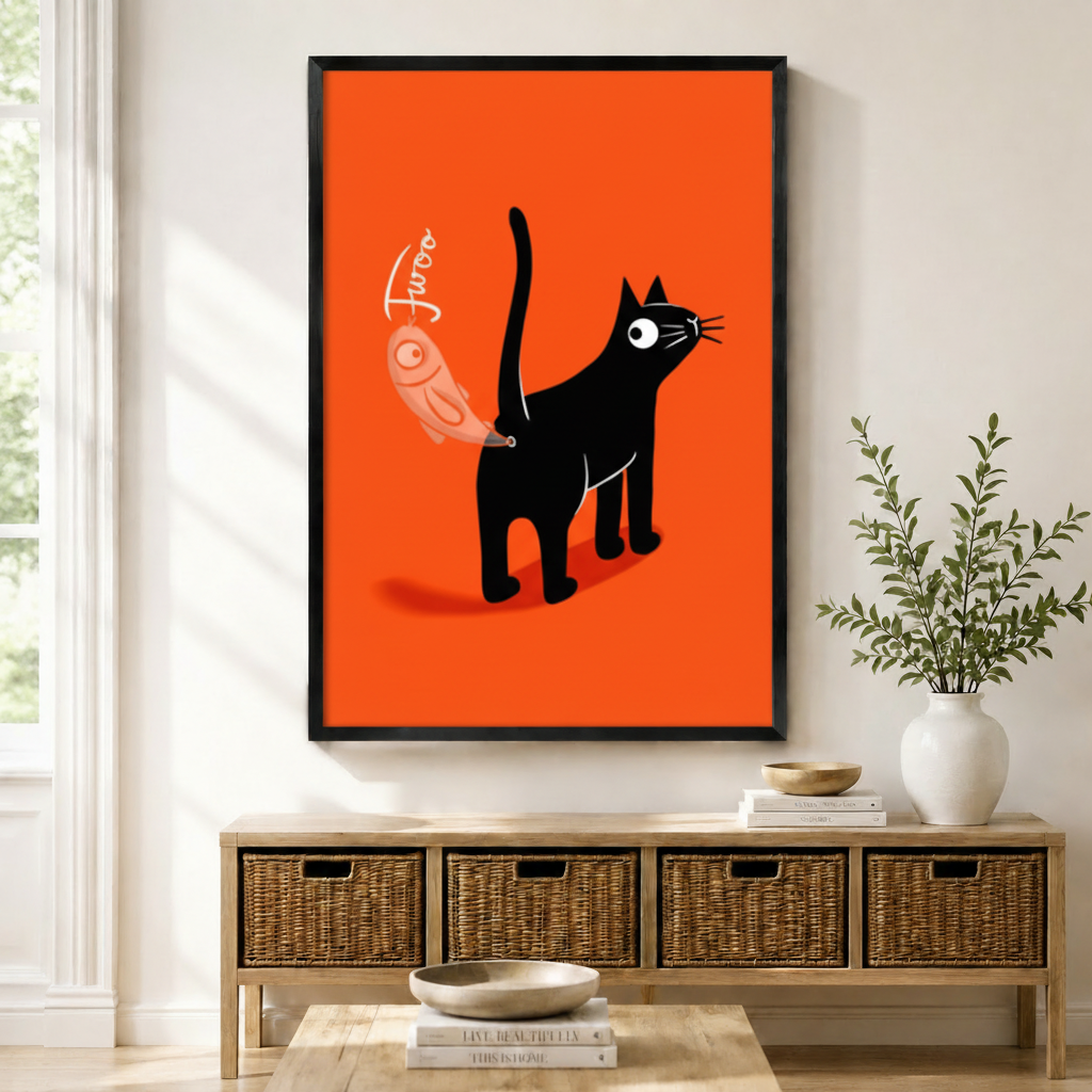 Black Cat Fish Orange Pop Art Canvas Wall Art