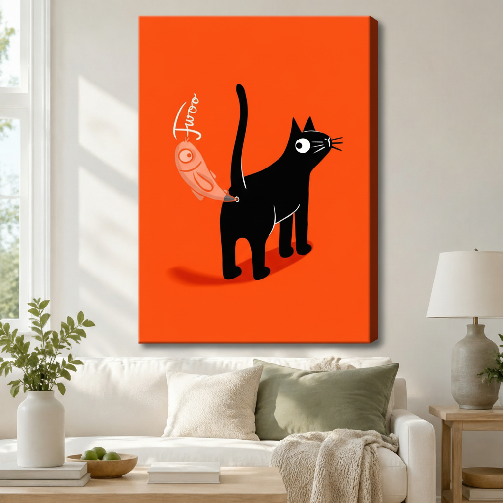 Black Cat Fish Orange Pop Art Canvas Wall Art